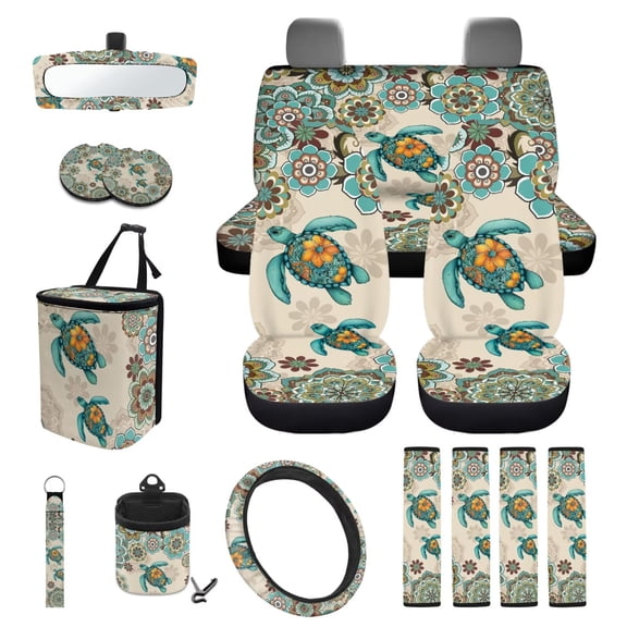 KUIFORTI Floral Turtle Car Seat Covers Wear-Resistant 15 Pack Automotive Rear Front Seat Protector Comfortable Easy to Install Washable Universal Fit Most Vehicles Cars SUV