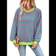 thumbnail image 2 of Sudadera Holgada Informal de Larga con Cuello Redondo y Bloques de Colores A Rayas de Gran Tamaño para Mujer, Estilo Y2K Rosa Verde L, 2 of 10