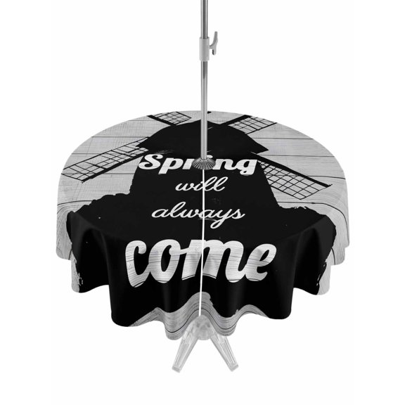 Outdoor Tablecloth with Umbrella Hole for Patio/Picnic/Party/Camping, Farmhouse Black Windmill Waterproof Table Cloth Round Cover Washable, Spring Will Always Come Wood Grain (Dia 54")