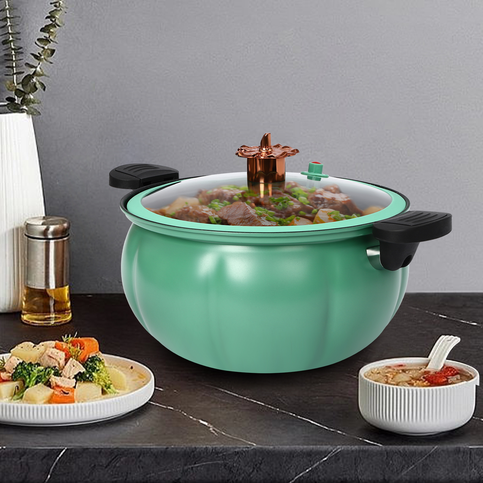 8L/2.11Gal Pumpkin Shape Green Micro Pressure Cooker Micro Pressure Cooking Pot for Home Kitchens Dormitories Flats