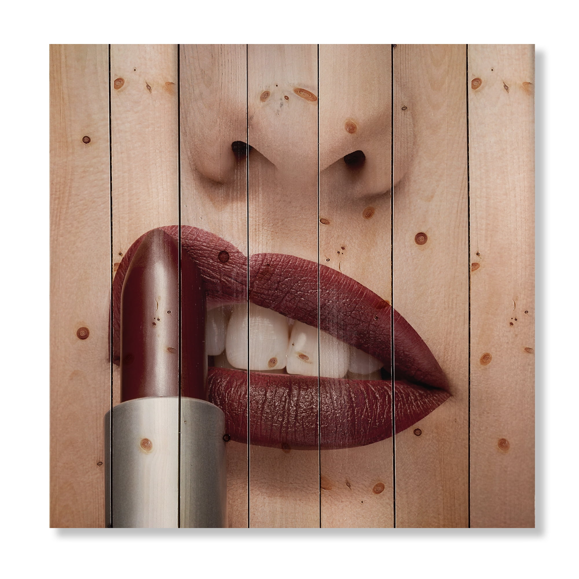 Designart 'Red Lipstick Getting Applyed On Woman Lips' Modern Print on Natural Pine Wood