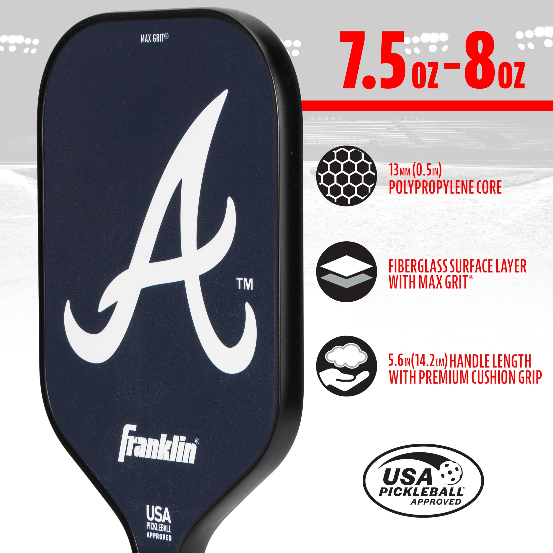Franklin Sports MLB Atlanta Braves Pickleball Paddle - Official MLB Team Pickleball Paddles - USAP (USAPA) Approved Premium Quality Pickleball Paddles - Authentic Team Logos + Colors