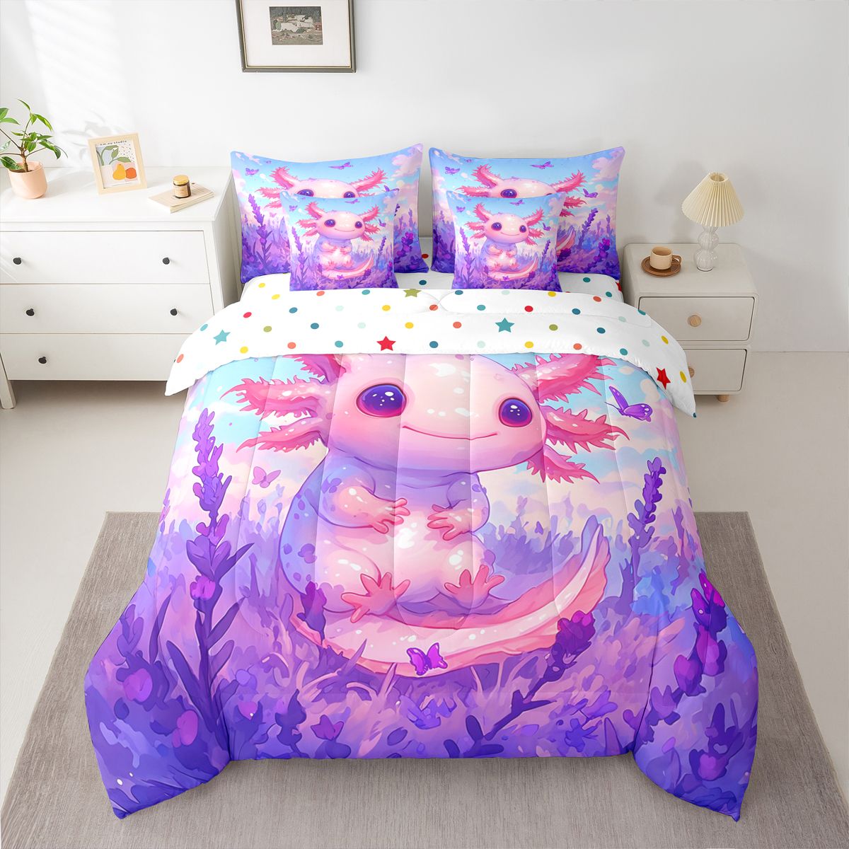 Homewish Cute Cartoon Axolotl 7 Pieces Bedding Comforter Set,Flower Butterflies Pattern Full Bedding Set,Purple Floral Pink Salamander Fitted Sheet Flat Sheet For Girl,Luxury Bedroom Decor Reversible
