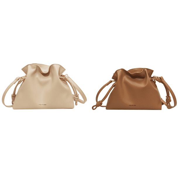 Bolso Tipo Cubo Plisado para Mujer Bandolera PU Con Bolsos Hombro Cordón (beige)