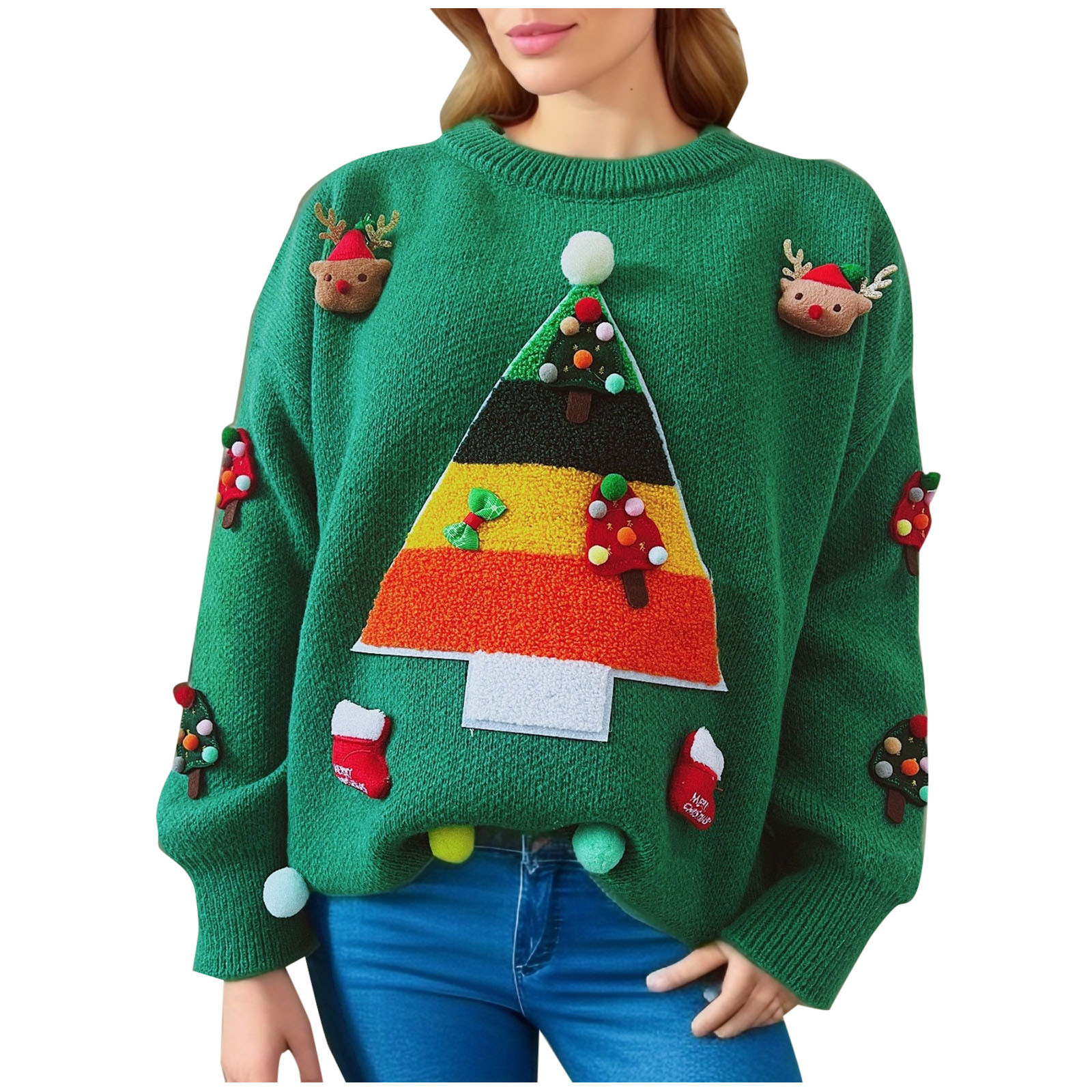 Pull Noël Femme Flocon De Neige - 100% Acrylique, Col Rond, Manches Longues - Style Décontracté Hiver, Fêtes