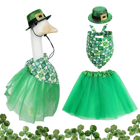 1 Set St. Patrick's Day Clover Porch Goose Outfits, 23 Inch Cement Goose Clothes and Hat Outfit Costume Set for Irish St. Patrick's Holiday Outdoor Garden Yard Decor