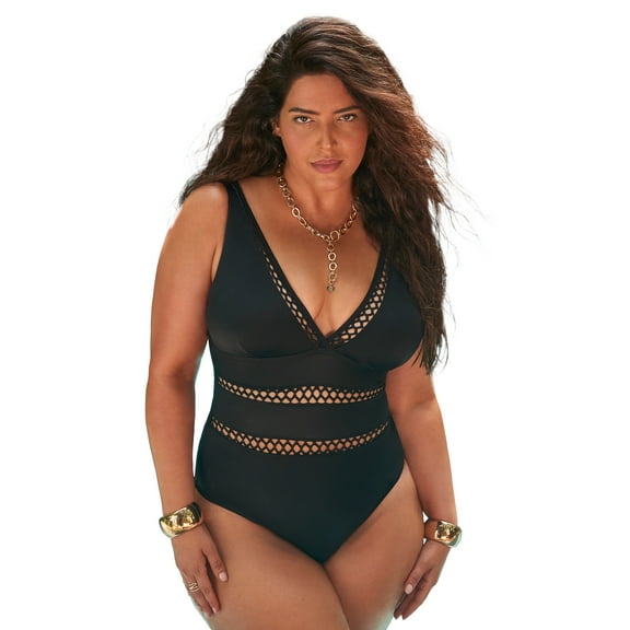 Swimsuits For All Women's Plus Size Tummy Control V Neck Lattice Plunge One Piece Swimsuit with Adjustable Straps
