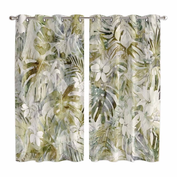 Tropical Leaf Kitchen Curtains Window Panels, Palm Leaves Plants Vintage Spring Green Insulated Window Treatment Curtain, Grommet Curtains for Bedroom/Living Room/Bathroom, 2 Piece 42"Wx63"L