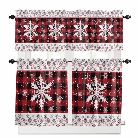 Christmas Winter Curtain Valances Set Snowman Xmas Tree Poinsettia Eucalyptus Kitchen Curtains 24 inch Length Rod Pocket Valance and Tiers 3 Piece Set Small Bedroom Bathroom Laundry Decor