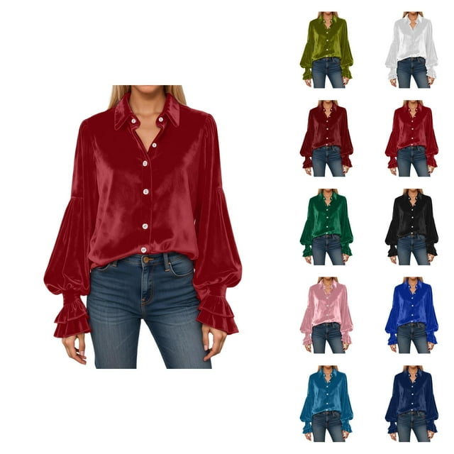 Velvet Tops for Women 2026 Spring Fashion Long Sleeve Button Down Lapel Collared Ruffle Casual Shirt Blouse Top
