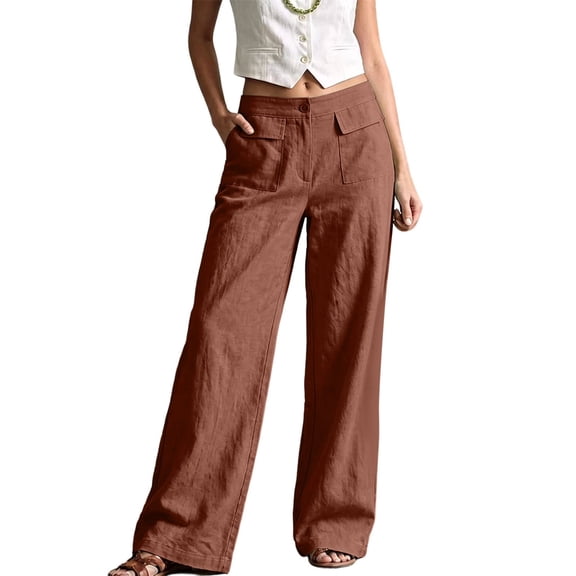 Women's Patch Pocket Wide Leg Pants, Button Zip Waist, Front Patch Pockets, Relaxed Fit