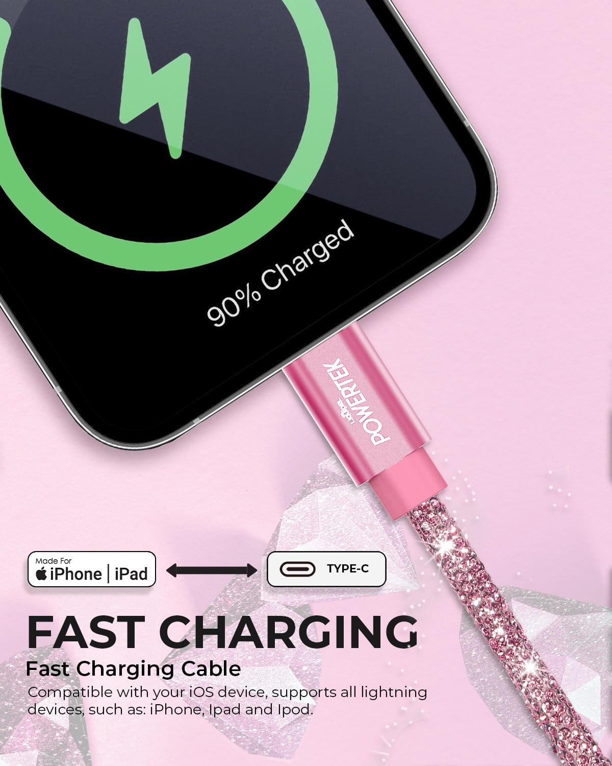 Liquipel Powertek USB C Lightning iPhone Charger Cable [MFI Certified], Fast Charging 6ft USB C to Lightning Cord, Diamond Shine Pink
