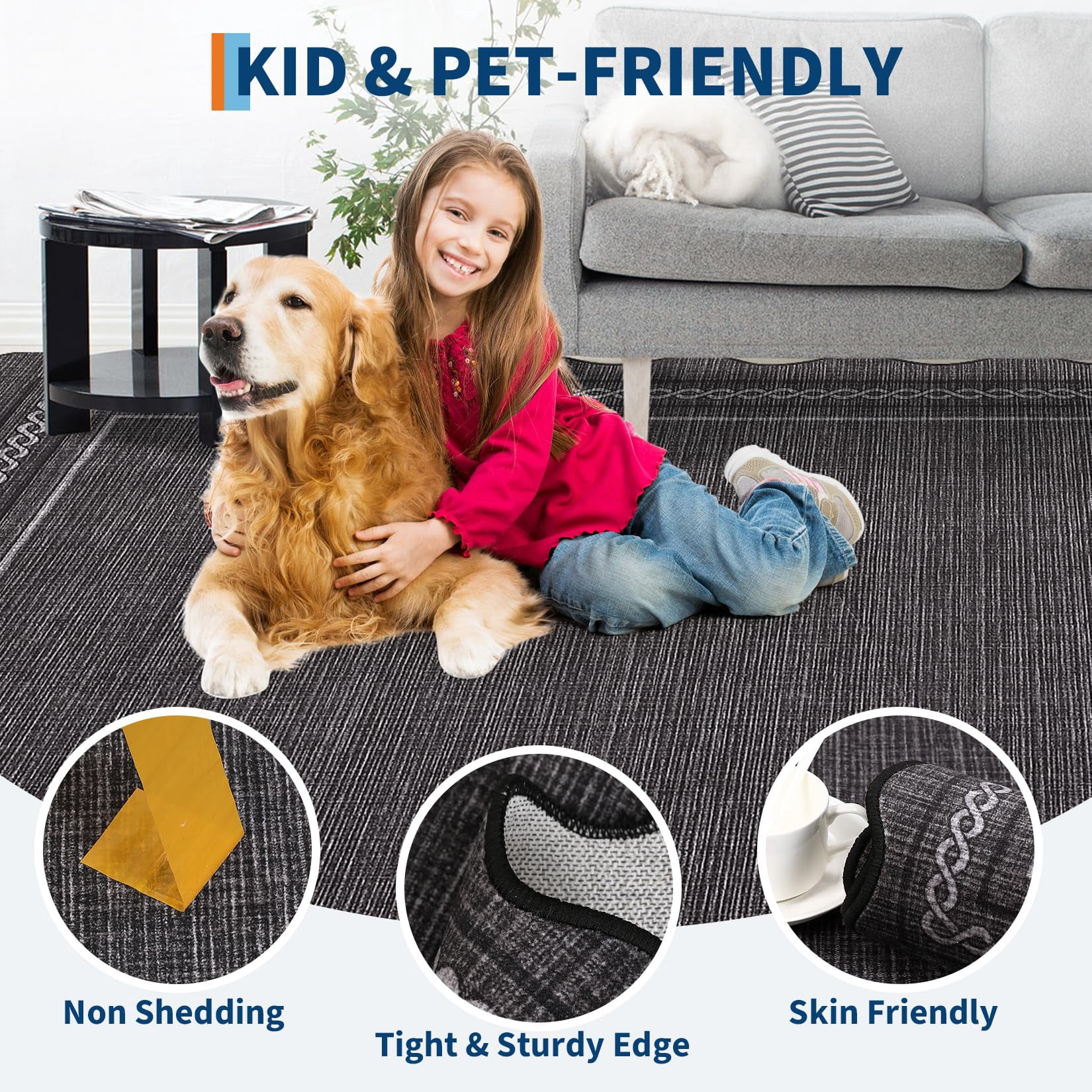 9*12FT Washable 9x12 Area Rug for Living Room Scalloped Solid Black Rug Non Slip Soft Bedroom Rugs Low Pile Foldable Large Area Rug Stain Resistant Carpet for Nursery Dining Classroom, Black Black