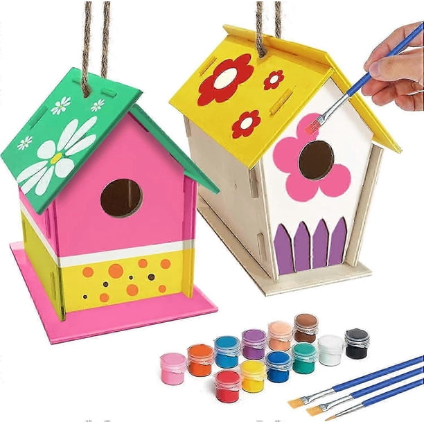 DIY Bird House Kit - 2-Pack Wooden Arts and Crafts for Kids (Includes Paints)