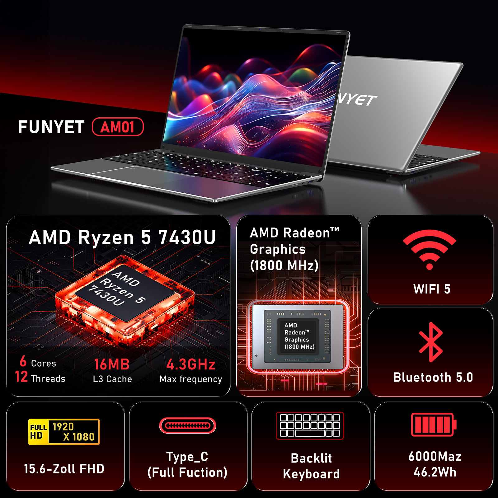 Chheart 2025 Gaming 15.6 Inch FHD Computer Laptop, AMD Ryzen 5 7430U 6C/12T, 16GB, 1TB SSD,AMD Radeon Graphics,1920 * 1080,WiFi 5,BT5.0,Backlit