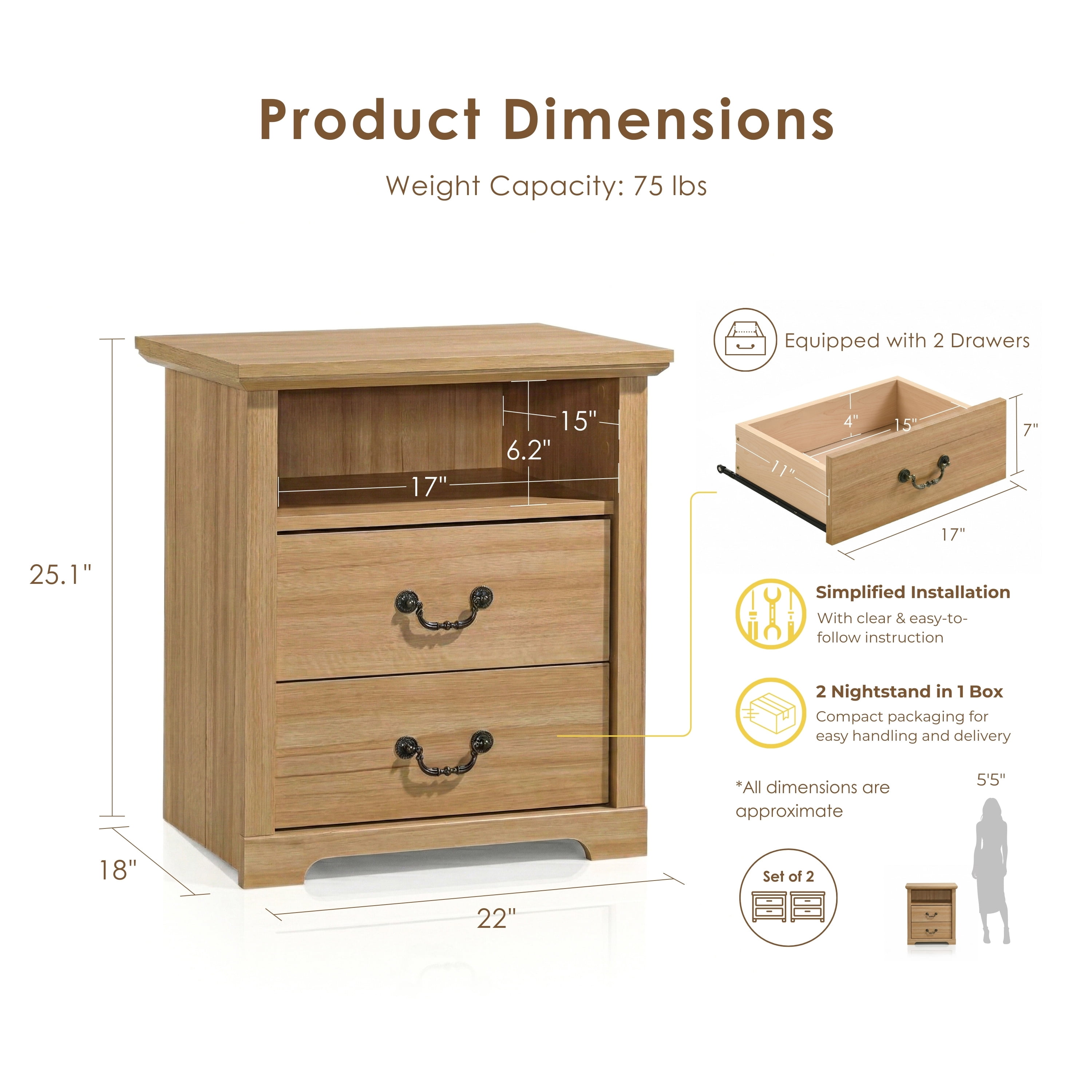 Furniture of America Chara Modern Wood 2-Drawer Nightstands with Open Top Shelf, Set of 2, Natural