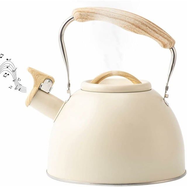 Stainless Steel Tea Kettle with Wooden Handle, 3L Induction Whistling Kettle, Retro Teapot Kettle, Boiler for Electric, Gas and Ceramic Stoves (Beige)