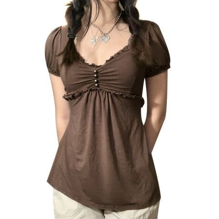 Bangyeer Women s Short Sleeve Lace Patchwork T-Shirt Aesthetic Slim Fit Cute Babydoll Top Tees