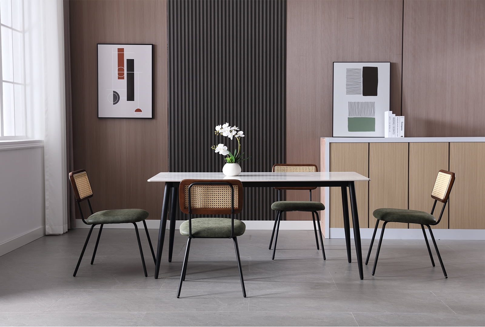 Dayalane Rattan Dining Chairs Set of 4, Leather Upholstered Kitchen Chairs with Cane Back, Mid-Century Modern Armless Dining Side Chairs with Metal Legs for Dining Room Living Room Restaurant, Green