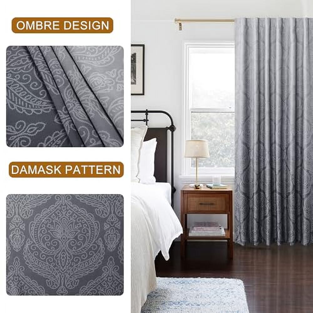 Hiasan Grey Ombre Room Darkening Curtains for Bedroom - Back Tab Damask Design Thermal Insulted Tieable Window Drapes Light Blocking Curtains for Living Room, Hotel, 2 Panels, W52 x L102, Gray
