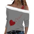 thumbnail image 2 of Uootdi Off The Shoulder Long Sleeve Shirts for Women FuzzyTrim Collar Love Heart Print Graphic Sweatshirt Casual Holiday Tops Gift, 2 of 7