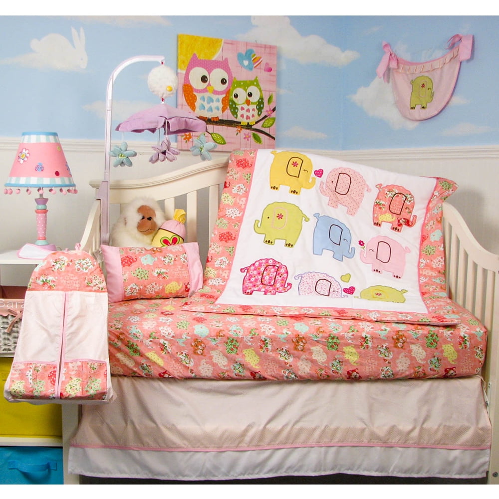 SoHo Crib Bedding Set for Baby Nursery, Pink Elephant Flutter, 9 Pieces