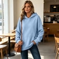 thumbnail image 2 of Solid Color Hooded Sweatshirts Women Long Sleeve Front Pocket Loose Fit Trendy Fall Casual Pullover Hoodies Light Blue S, 2 of 6