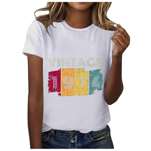 TSADFHJI Scrub Long Sleeve Shirt Women Women's 1974 Printed Round Neck Short Sleeved Summer Top T Shirt M White