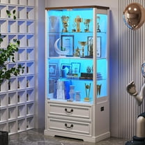 FREDEES Display Cabinet with Glass Doors,67" Adjustable Display Shelf with 2 Drawers and 4 Tier Curio Cabinet,Tall Bookcase with 3 Color Lights and Human Body Sensor for Toys,Books(White)