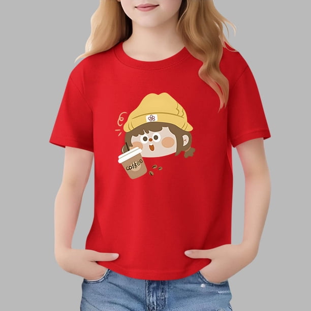 Blusas y camisas de manga corta con cuello redondo para niños Camiseta de verano de manga corta estampada para niñas Jersey elegante de cuello redondo para niñas Top de algodón para niños
