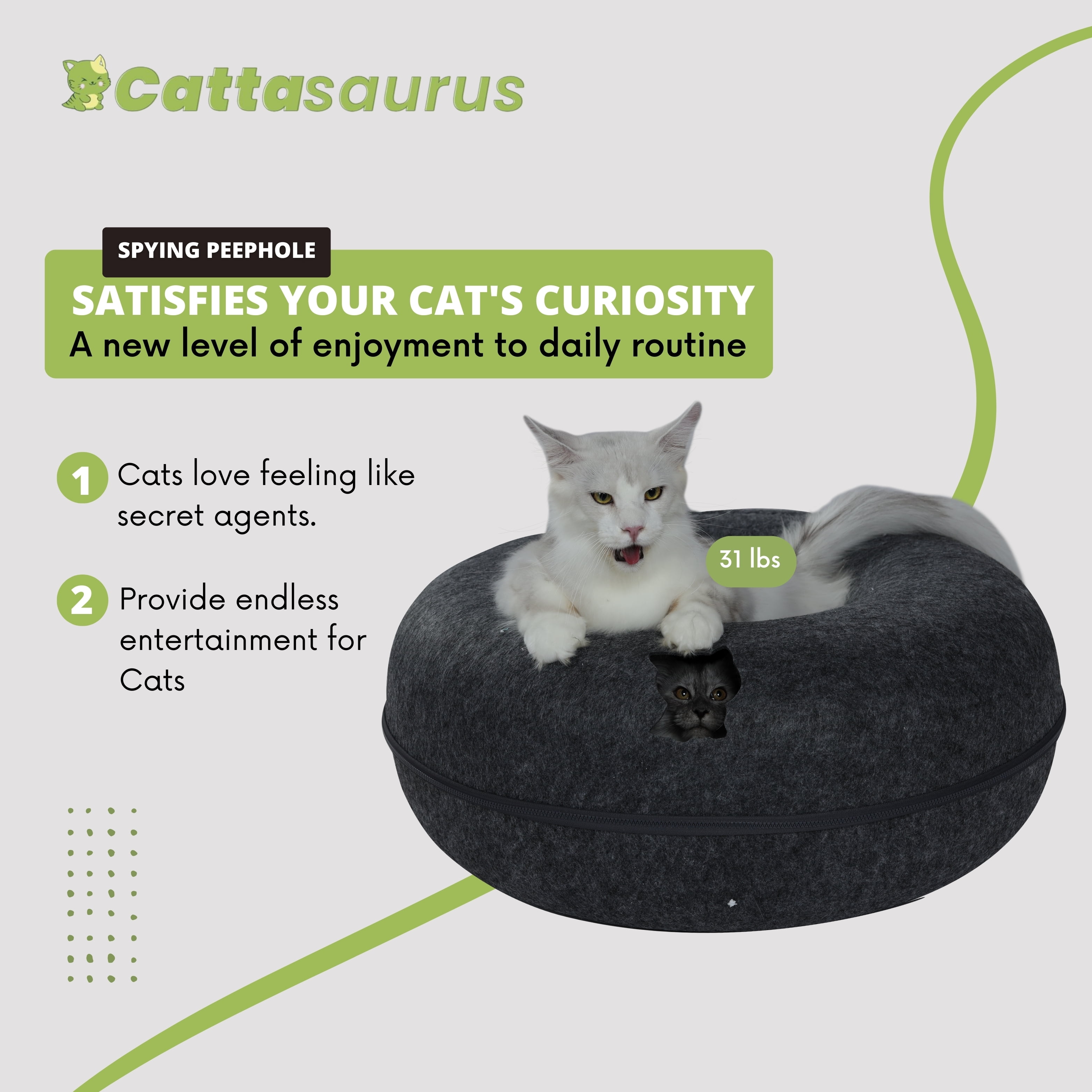 Cattasaurus Peekaboo Cat Cave Tunnel Bed, Jumbo Size, Dark Gray, for Cats up to 30 lbs