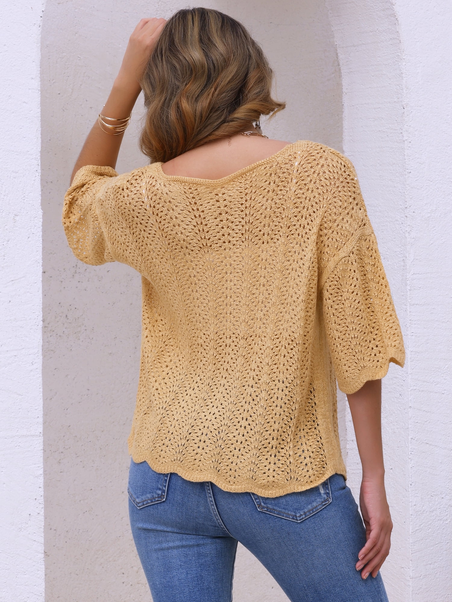 DARING DIVA Women's Crochet Hollow Out Knit Half Sleeve Cover Up Top M Khaki