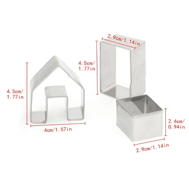 Techinal 3Pcs Christmas Gingerbread House Biscuit Cutter Set with polished stainless steel cookie cutters in three shapes: a house (4.5x4cm), a larger square (4.5x2.9cm), and a smaller square (2.9x2.4cm). Perfect for cutting cookies, biscuits, fondant, and vegetables. Ideal for festive baking and occasions like Christmas, Valentine's Day, and birthdays.