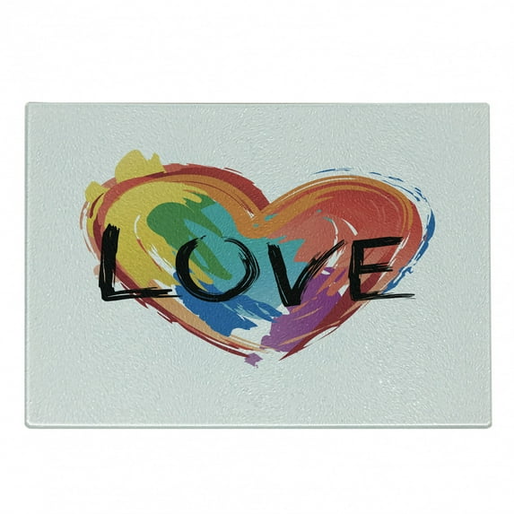 Rainbow Cutting Board, Brush Painted Pride Heart LGBT Plain Background, Decorative Tempered Glass Cutting and Serving Board, in 3 Sizes, by Ambesonne