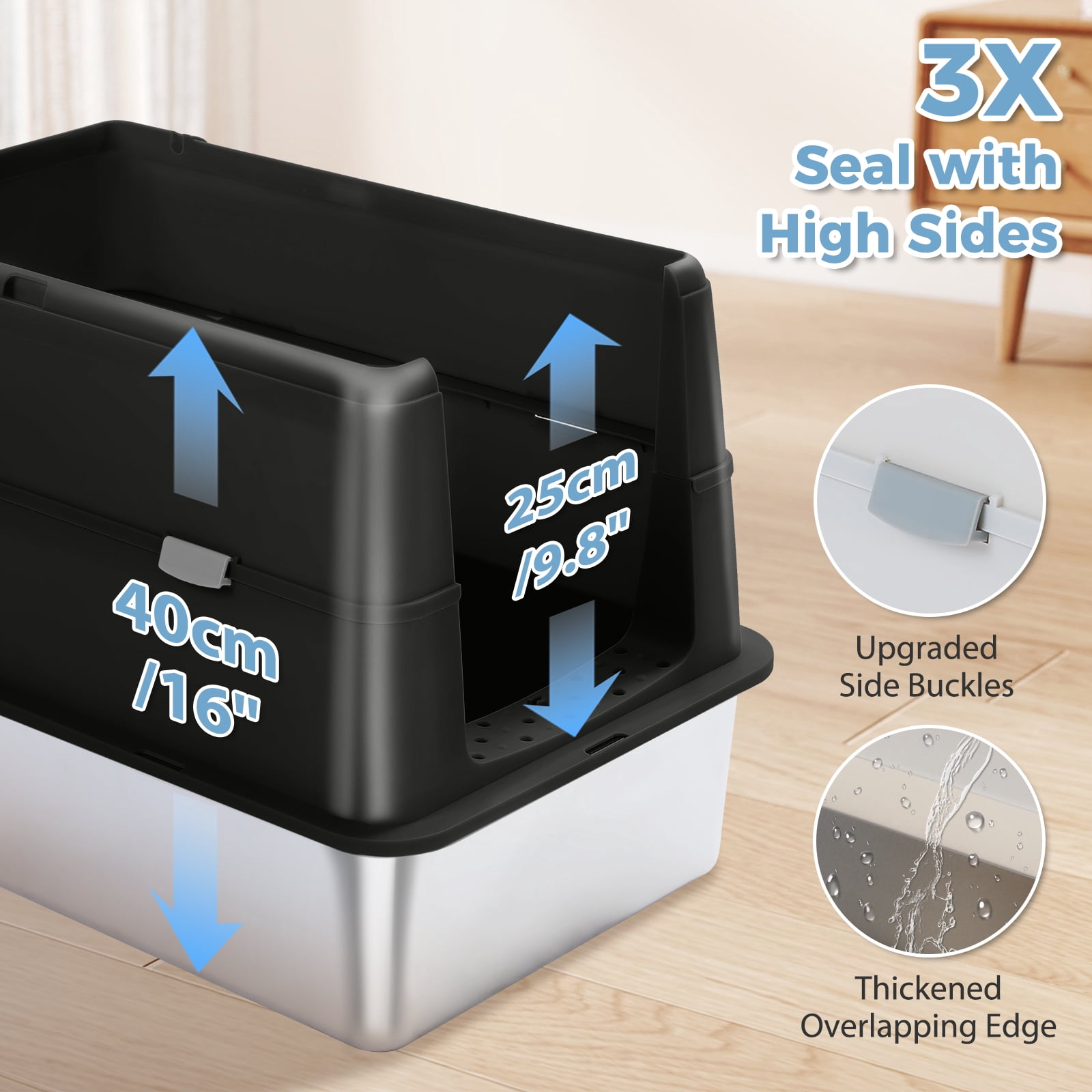 Pefilos 16" High Sides Stainless Steel Cat Litter Box, Anti-Leakage Enclosed Litter Box with Non-Sticky Metal Pan, Scoop, Front & Top Dual Entry for Big Cats, Black