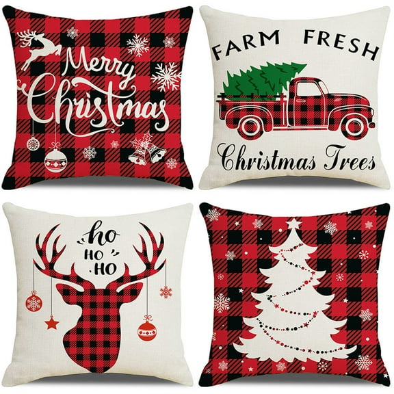 Christmas Pillow Covers, Happiwiz 18 x 18 Inch Set of 4 Farmhouse Black and Red Buffalo Plaid Pillow Covers Holiday Rustic Linen Pillow Case for Sofa Couch Christmas Decorations Throw Pillow Covers