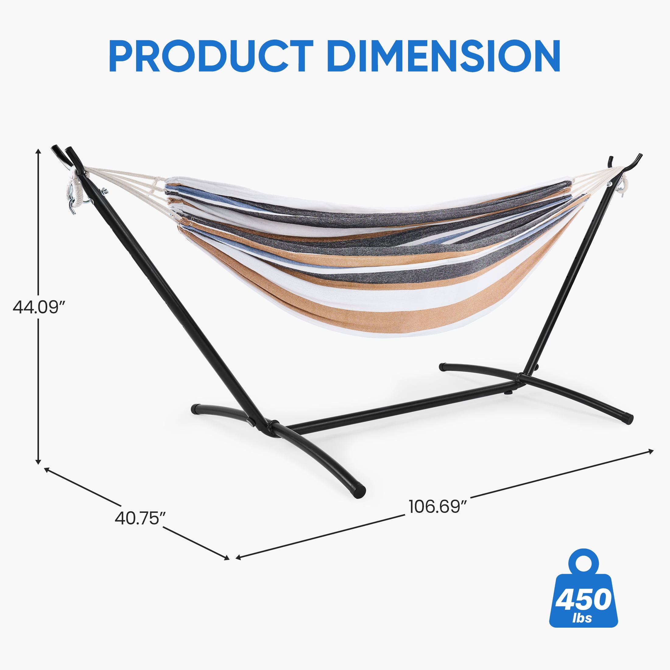 EDX Double Hammock with Space Saving Steel Stand, 2 Person Heavy Duty Outdoor 450lb Capacity Standing Hammocks, Upgraded Polyester End Strings, Portable Carrying Bag Included, Coffee Stripes