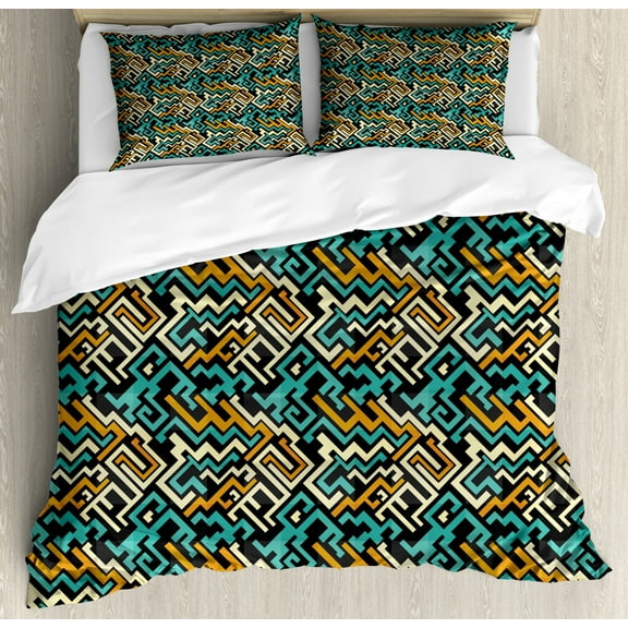 Geometric Duvet Cover Set Queen Size, Abstract Modern Future Inspiration Line Art Surreal Design, Decorative 3 Piece Bedding Set with 2 Pillow Shams, Turquoise Marigold Pale Yellow, by Ambesonne