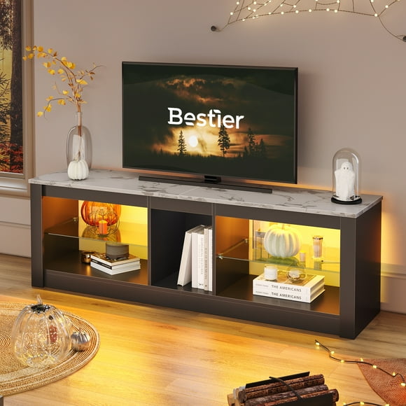 Bestier RGB TV Stand for TVs up to 60" with LED Lights Entertainment Center, White Marble