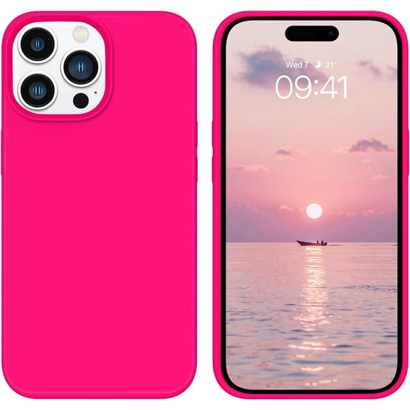 Design for iPhone 14 Pro Max Case, Neon Pink Liquid Silicone Gel Rubber Phone Cover, Cute [Soft Microfiber Lining Anti-Scratch] Slim Bumper Shockproof Protective Case 6.7 Inch, Hot Pink