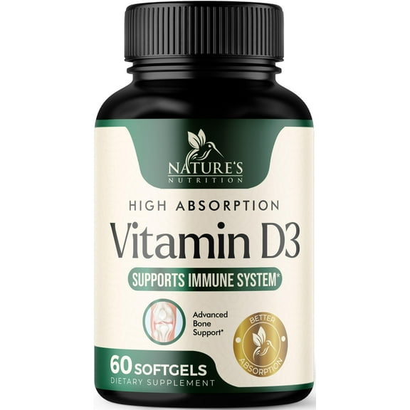 Vitamin D3 5000 IU 125 mcg Per Serving - Extra Strength Vitamin D Dietary Supplement Softgels for Bone, Teeth, Muscle Health & Immune Support, High Absorption Soft gel, USA Bottled - 60 Count