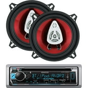 Kenwood KMR-D365BT Single-DIN In-Dash Marine CD Receiver with Bluetooth and Pyle Hydra Series Speakers