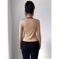 thumbnail image 3 of Women'S Contrast Colorblock Cardigan Vest Two-Piece Set Long Sleeve Cropped Cardigan Striped Shawl Khaki S, 3 of 5