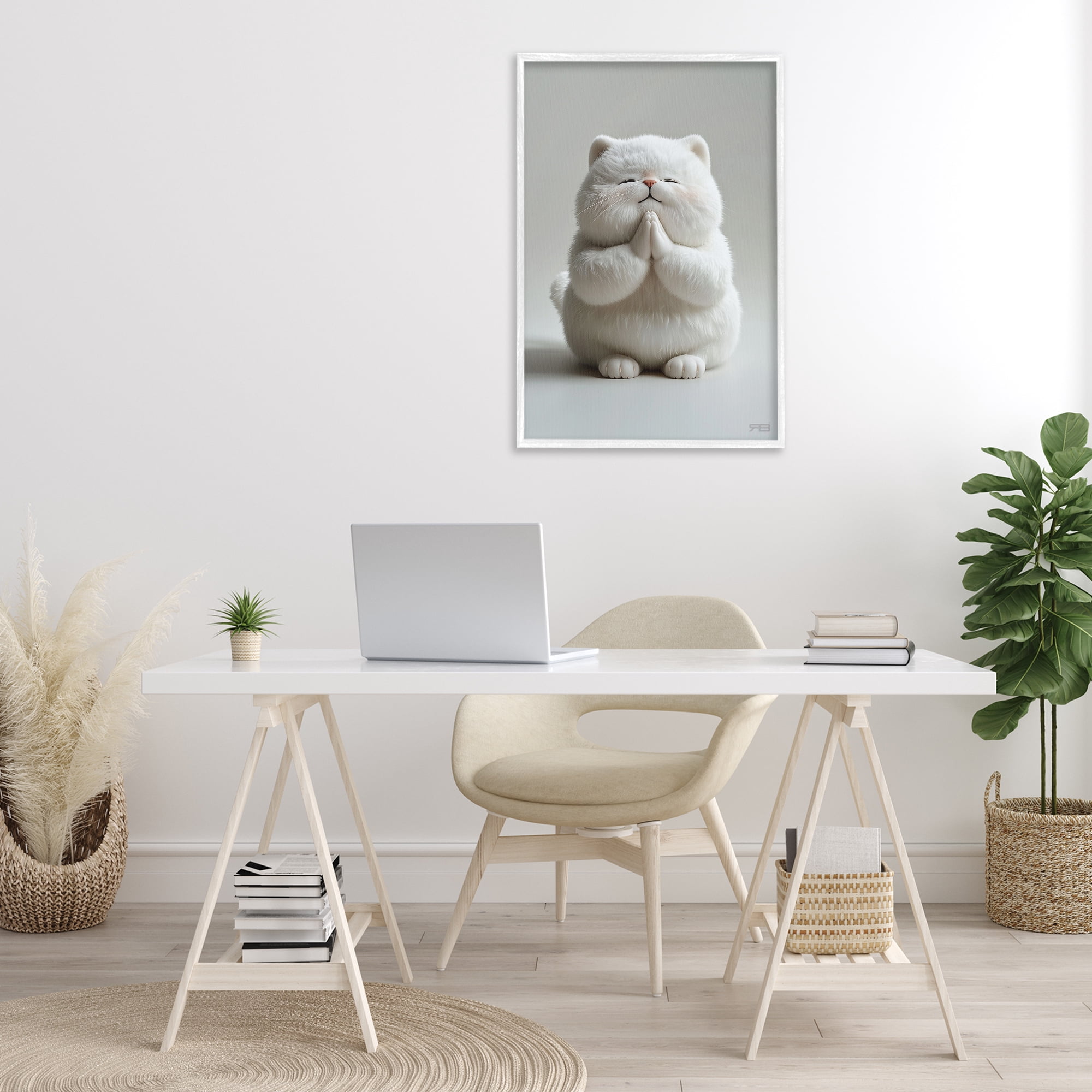 Stupell Industries Fluffy Praying Cat Animals & Insects Painting White Framed Art Print Wall Art, 20 x 30