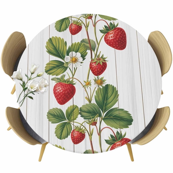 Round Table Cover 55-60 Inch Strawberry Waterproof Reusable Table Cloth Round Fitted Vinyl Tablecloth with Elastic Edged for Parties Outdoors, Vintage Green Botanical Spring Floral