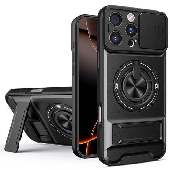 for iPhone 15 case with 360° Rotation Magnetic Ring Compatible with MagSafe Sliding Camera Cover Foldable Stand Military-Grade Shockproof Protective Case, Black