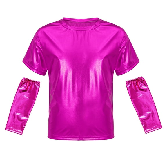 TiaoBug Kids Girls Shiny Metallic T-shirts with Gloves Hip Hop Jazz Dance Stage Performance Top Hot Pink 110