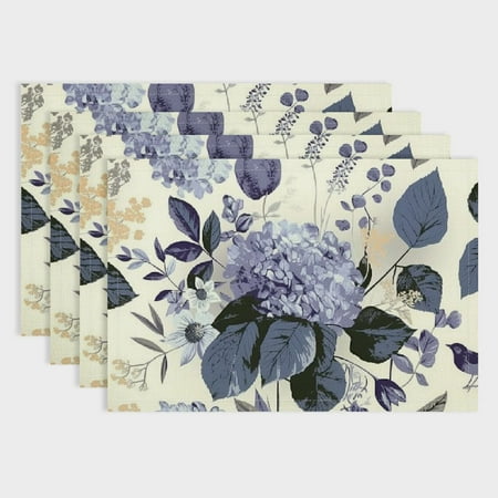 

Pratyus 4pcs Floral Pattern Blue Bird Leaves Linen Placemat Set for Dining Tables Kitchen Restaurants Hotels - Heat Resistant and Easy to Clean 18x12in