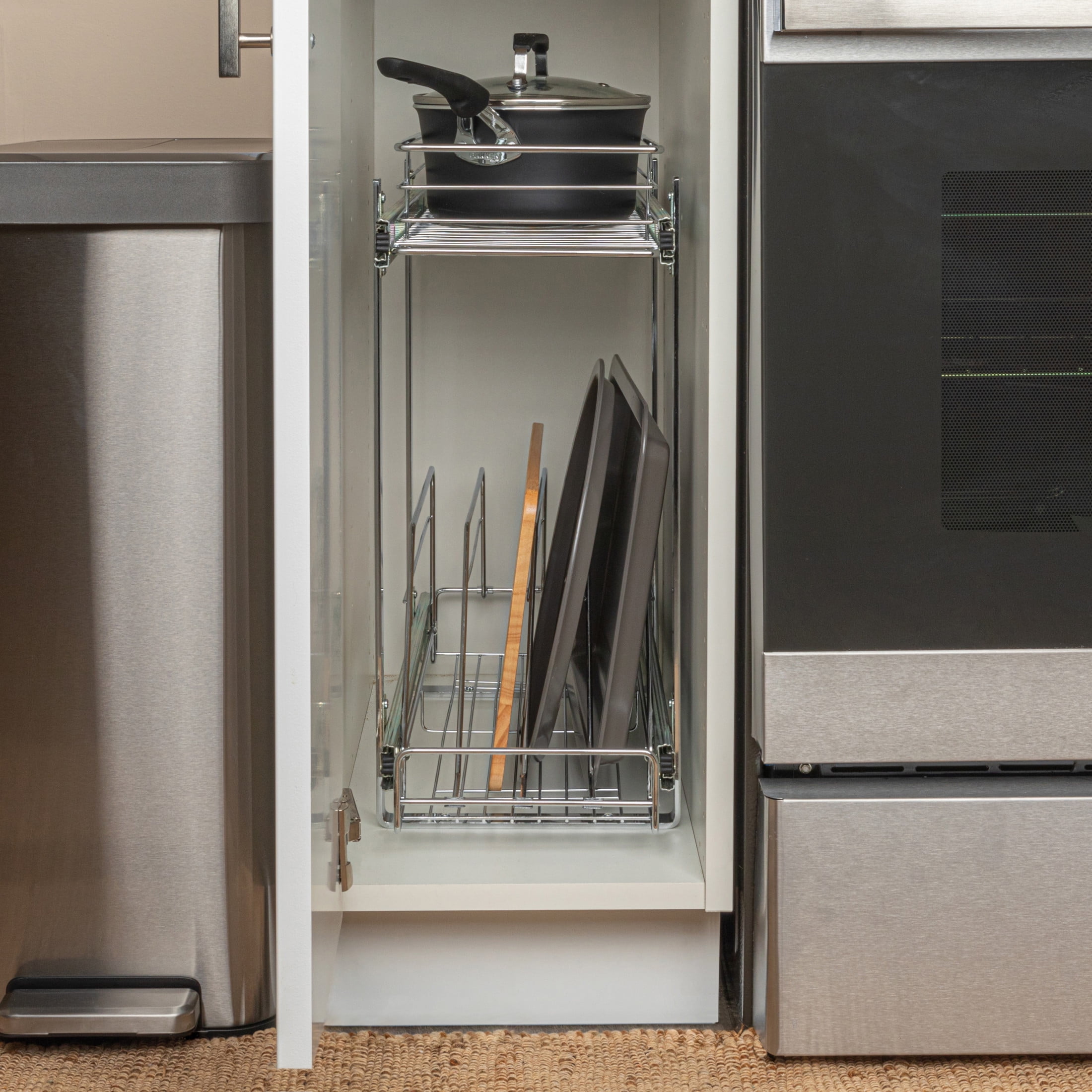 Household Essentials Glidez Multipurpose Chrome-Plated Steel Pull-Out/Slide-Out Dual-Sliding Storage Organizer for Cookware and Bakeware - 2-Tier Design - Fits Standard Size Cabinet or Shelf, Chrome