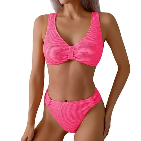 Huankd Women Bikini Sets Criss Cross Back Bathing Suit Knot Front Two Piece Swimwear Thong Cheeky Swimsuit Set Hot Pink XL
